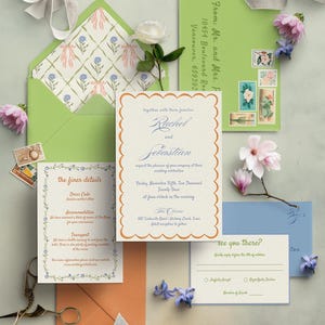 Suite de faire-part de mariage fantaisiste dessinée à la main | Thème Coquette | Thème de mariage Garden-Party coloré | Carte d'invitation, RSVP, carte d'informations