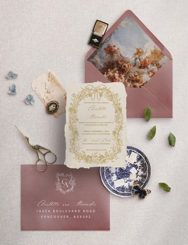 Vintage Romantic Wedding Invitation Suite | Hand Drawn Illustrations | Antique Floral & Baroque Design | Garden Wedding | Editable Template image 3