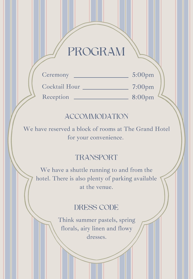 Puede incluir: Un programa de boda con un fondo a rayas y un marco en forma de nube. El programa incluye los horarios de la ceremonia, el c&oacute;ctel, la recepci&oacute;n, la informaci&oacute;n sobre el alojamiento, los detalles del transporte y un c&oacute;digo de vestimenta.
