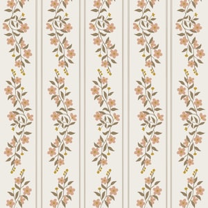 Puede incluir: Un patr&oacute;n sin costuras que presenta delicadas flores rosas y hojas marrones sobre un fondo beige claro. El dise&ntilde;o floral est&aacute; dispuesto en filas verticales, creando un efecto de rayas.