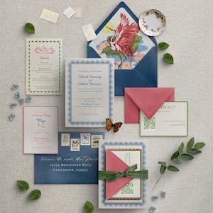 Bunte Eclectic Hochzeitseinladung Set | Bold Retro Theme Hochzeit | Handgezeichnete Illustrationen | Navy & Coral Suit bearbeitbare Vorlage W020