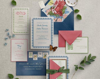 Colorful Eclectic Wedding Invitation Suite | Bold Retro Theme Wedding | Hand Drawn Illustrations | Navy & Coral Suite Editable Template W020