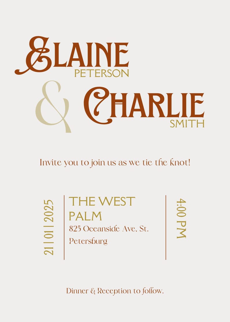May include: Wedding invitation with gold and brown text. The invitation reads "Elaine Peterson & Charlie Smith" and includes the date "21|01|2025", time "4:00 PM", location "THE WEST PALM 825 Oceanside Ave. St. Petersburg", and the phrase "Invite you to join us as we tie the knot!"