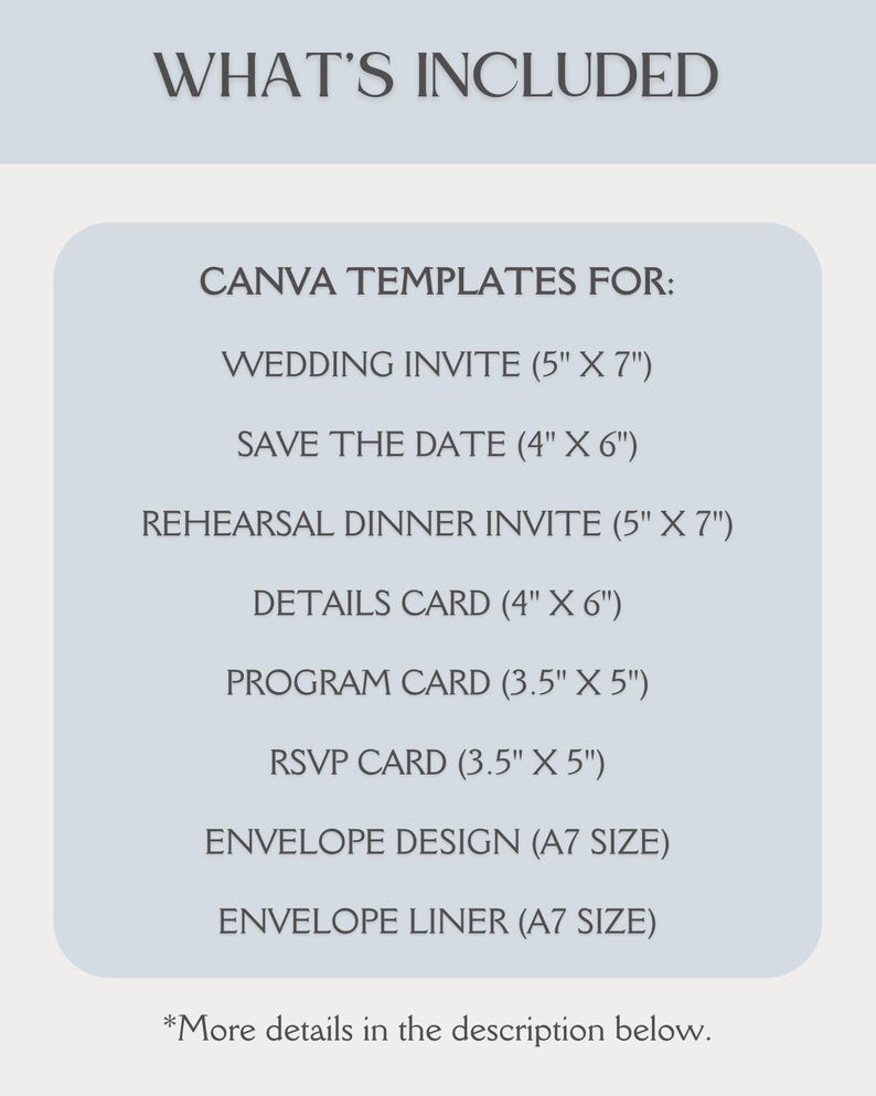 May include: A list of Canva templates for wedding stationery, including wedding invitations, save the dates, rehearsal dinner invitations, details cards, program cards, RSVP cards, envelope designs, and envelope liners. The templates are all in different sizes, ranging from 3.5 inches by 5 inches to 5 inches by 7 inches. The text "WHAT'S INCLUDED" is at the top of the image.
