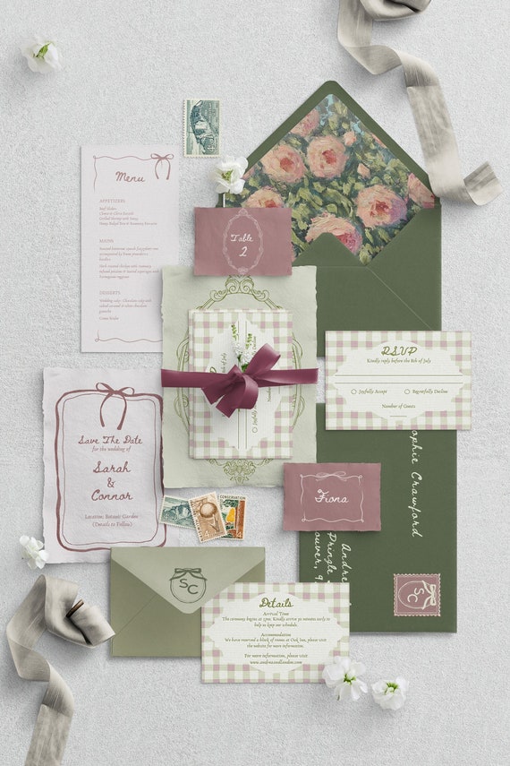 Garden Party Wedding | Full Wedding Stationery Set | Hand Drawn Illustrations | Vintage Romantic Theme | Coquette | Editable Template