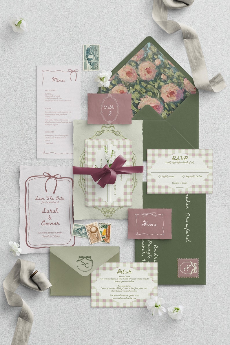 K&ouml;nnte beinhalten: Ein gr&uuml;ner Umschlag mit einem Blumendesign auf der Vorderseite. Der Umschlag ist an Sophie Crawford adressiert. Der Umschlag ist ge&ouml;ffnet und enth&auml;lt mehrere Papiere, darunter eine Save-the-Date-Karte, eine Tischnummernkarte und eine RSVP-Karte. Die Save-the-Date-Karte ist f&uuml;r die Hochzeit von Sarah und Connor. Die Tischnummernkarte ist f&uuml;r Tisch Nummer 2. Die RSVP-Karte ist f&uuml;r die Hochzeit von Sarah und Connor. Die RSVP-Karte hat ein Kontrollk&auml;stchen zum Akzeptieren oder Ablehnen der Einladung. Die RSVP-Karte hat auch einen Platz f&uuml;r die Anzahl der G&auml;ste. Der Umschlag ist mit einem Band und einer Schleife verziert.