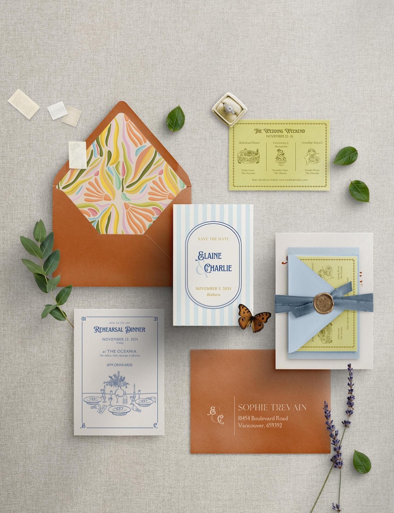 May include: Wedding invitation suite with a save the date card, rehearsal dinner invitation, and wedding weekend schedule card. The cards are decorated with a blue and white striped pattern, a floral design, and a butterfly.