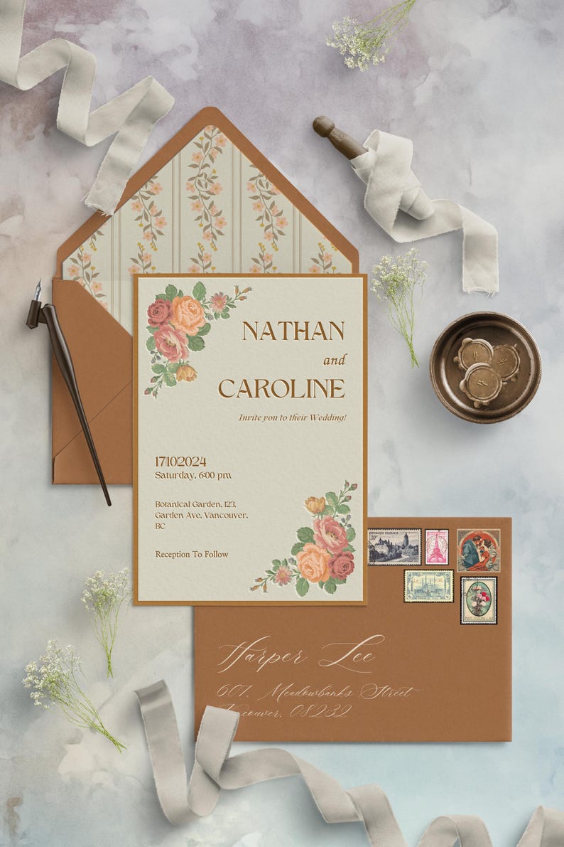 Puede incluir: Una invitaci&oacute;n de boda con un dise&ntilde;o floral con rosas rosas y amarillas. La invitaci&oacute;n es para la boda de Nathan y Caroline el s&aacute;bado 17 de octubre de 2024 a las 6:00 pm en el Jard&iacute;n Bot&aacute;nico de Vancouver, BC. La invitaci&oacute;n incluye el texto "Recepci&oacute;n a seguir".