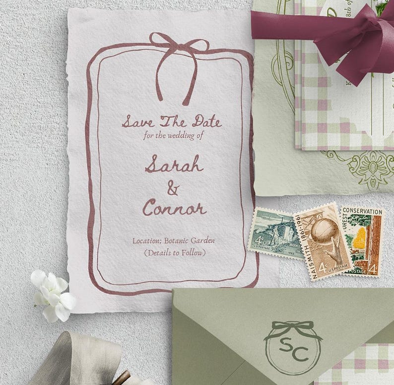 K&ouml;nnte beinhalten: Save-the-Date-Karte mit rustikalem, handgezeichnetem Design. Die Karte ist mit einem braunen Band verziert und tr&auml;gt den Text "Save The Date" f&uuml;r die Hochzeit von Sarah & Connor. Der Ort ist als Botanischer Garten angegeben, die Details folgen.