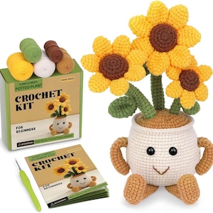 Può includere: Un kit all'uncinetto per principianti con una pianta di girasole in vaso. Il kit include filato di vari colori, un uncinetto e le istruzioni. Il prodotto finito è un vaso di fiori sorridente con girasoli gialli.