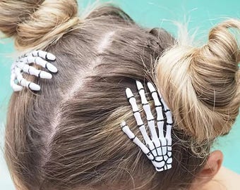 Juego de 2 pinzas para el pelo con forma de garra de esqueleto para Halloween / Accesorios para el pelo góticos espeluznantes / Pinzas para el pelo con forma de manos de esqueleto para disfraz de Halloween