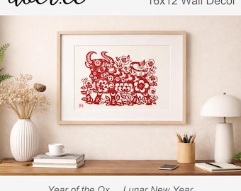Chinese Paper Cutting Ox Art | Handcrafted Red Zodiac Ox Papercut | Framed Traditional Chinese Folk Art Decor | Lunar New Year