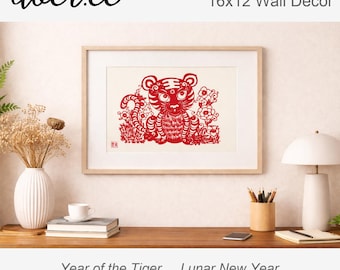 Chinese Paper Cutting Tiger Art | Handcrafted Red Zodiac Tiger Papercut | Framed Traditional Chinese Folk Art Decor | Lunar New Year