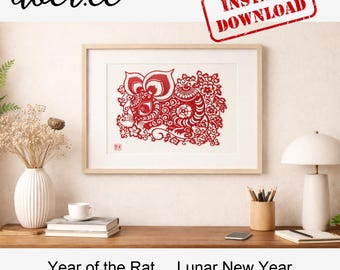 Chinese Paper Cutting Rat SVG | Zodiac of the Rat Papercut | Lunar New Year Wall Art | Cricut & Laser Cut Files | Instant Download