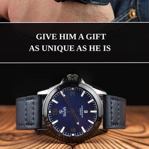 Customizable Slava Men&#39;s Watch: Vintage Blue Leather Strap, Engraved Gift