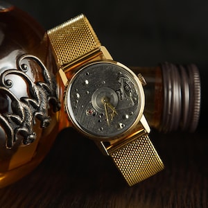 Vintage unique watch Skeleton Pobeda, mechanical watch Open Mechanism, Classic wristwatch, Personalized men&#39;s gift
