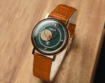 Rare Vintage Raketa Copernicus (Kopernik) 1980s "Green dial" 35mm - Brown Leather Strap - Gift for Men