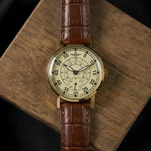 Personalized Vintage Rare Men's Wrist Watch ZIM "Aviation" 1980s, Gift for him, Engraved Gold Dial Watch Brown