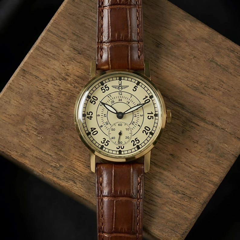 Personalized Vintage Rare Men's Wrist Watch ZIM "Aviation" 1980s, Gift for him, Engraved Gold Dial Watch Brown