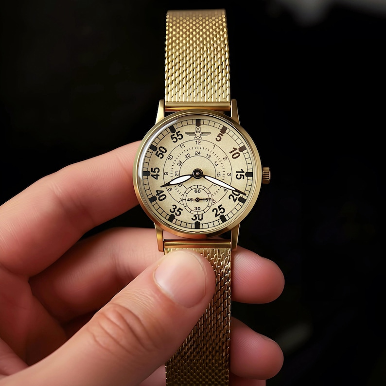 Personalized Vintage Rare Men's Wrist Watch ZIM "Aviation" 1980s, Gift for him, Engraved Gold Dial Watch image 3