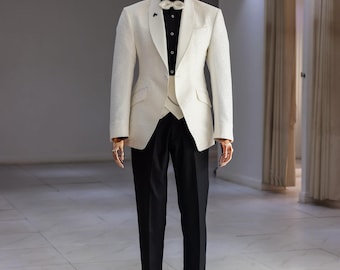 Ivory White Floral Patterned Groom Suit, 3 Piece Shawl Lapel Wedding Tuxedo, Unique Prom Blazer