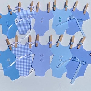 Blue Baby Bodysuit Garland, Blue Gingham Banner, Baby Shower Decoration, Gingham Theme with Clothespins Set of 10