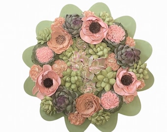 Succulent Flower Wall Art Faux Greenery Wreath Pink Sola Wood Floral Home Decor for Entryway Living Room Wedding Centerpiece Boho Accent