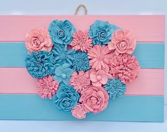 Pink Sola Wood Flowers Blue Sola Wood Flowers Rustic Farmhouse Decor Floral Wall Hanging Home Accent Flower Heart Sola Wood Flower Wreath