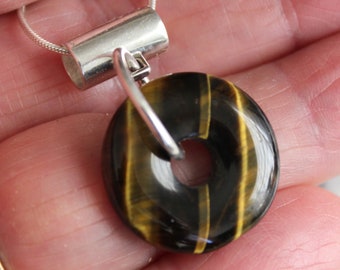 Simple Sterling Dynamic Tiger Eye Donut Necklace 20mm Stone