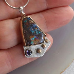 Sterling Silver  14k Gold Necklace Boulder Opal Iolite Stones 38mm Long x 20mm