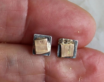 Assymetrical Mixed Metal Sterling  14k gold  Squarish Posts 6mm