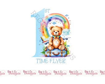 1st Time Flyer, 1st Holiday, Baby's 1st Beach Holiday, Airplane , watercolour PNG, digital clipart, holiday sublimation, Teddy Bear, DTF