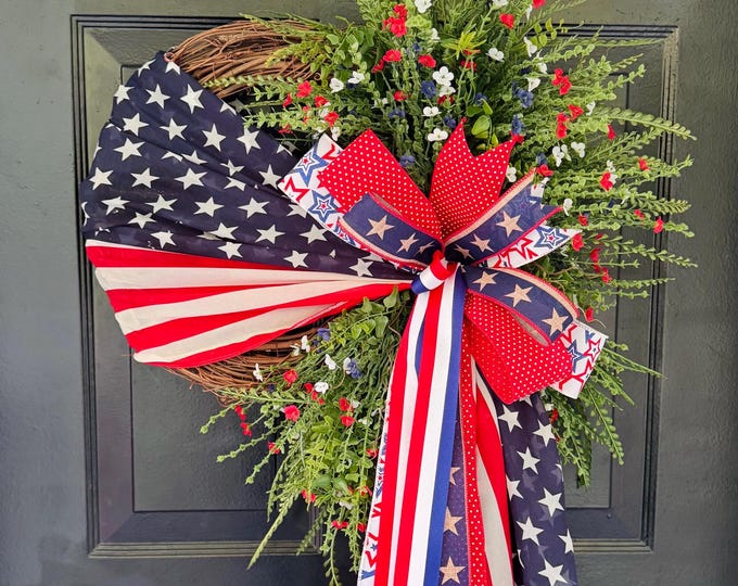 Patriotic American Flag Wreath With Bow | 4th of July Front Door Decor ...