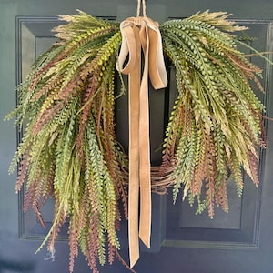 Fall Cascading Wreath, Autumn Decor, Wild Greenery Wreath with Velvet Ribbon, Natural Front Door Wreath, Everyday Wreath, Fall Beaded Grass