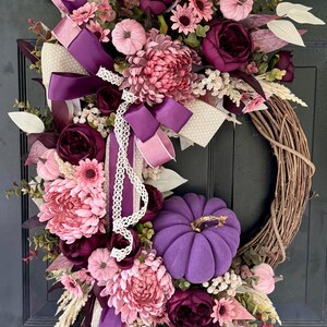 Blush & Plum Fall Wreath with Purple Pumpkin – Elegant Front Door Autumn Decor