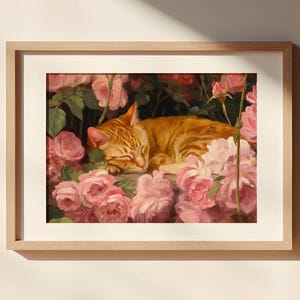 Ginger Cat Rose Flowers, orange cat print, ginger cat print, ginger cat painting, orange cat painting, ginger cat gift, floral cat art