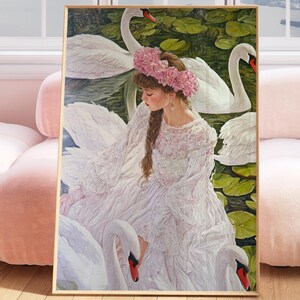 Die Dame der Schwäne, Cottagecore Druck, Stimmungsvolle viktorianische Wandkunst, Vintage Ästhetische Malerei, Licht Academia Dekor, Romantisches Wohndekor