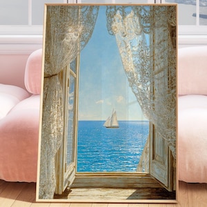 Witte zeilboot schilderij, zonsondergang kunstprint, kustmuurdecor, strandhuis afdrukbaar, zomer oceaanlandschap, digitale download kust