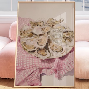 Colorful Pastel Oyster Shell Painting, abstract coastal beach house wall art print, summer dining room kitchen, printable digital download