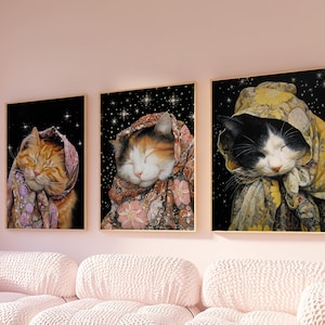 3er Set verschlafene Babuschka Katzen, 100% Baumwolle, Cottagecore, Katzenbild, Kitty Cat Art, Vintage Katze, Katzenmalerei, Sternenhimmel