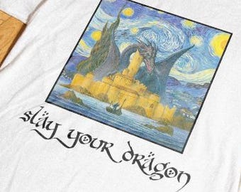 Starry Night Dragon Vintage Art Graphic Shirt, Van Gogh Dragons, Retro Medieval Y2k Tshirt, Dreamy Abstract Art, Dragon Lovers Gift Tee
