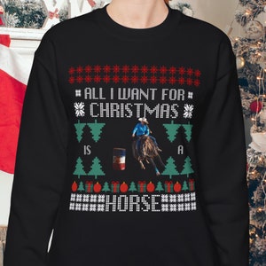 Suéter navideño feo con diseño de caballo de barril, sudadera unisex, regalo para jinetes, jinetes ingleses, jinetes occidentales, equitación, regalo para amantes de los caballos