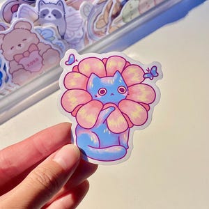 Flower Cat Sticker| kawaii | vinyl | glossy | laptop decal | phone sticker | scrapbooking | cute | blue | pink | kitten | butterfly