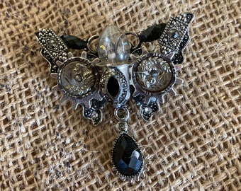 Steampunk butterfly brooch silver and black