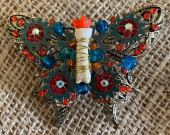 Steampunk butterfly brooch bones and beads