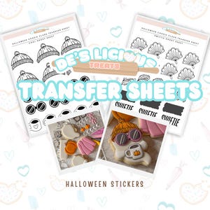 May include: Image features Halloween-themed cookie class transfer sheets with various designs, including hats, sunglasses, and seashell shapes. The image also includes decorated cookies and the text "DE'S LICIOUS TREATS TRANSFER SHEETS" and "HALLOWEEN STICKERS".