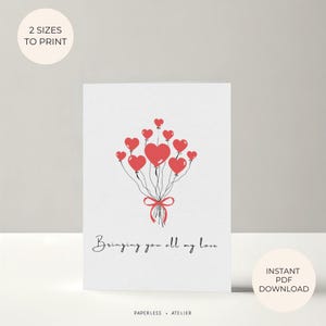 Druckbare Karte, Valentinstag, Karte mit Geschenkanhänger, Jahrestag, Herz Luftballons, druckbare Grußkarte, Instant Download Karte, DIY
