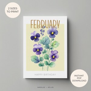 Cartão de aniversário para impressão, cartão de flores de nascimento de fevereiro, nascido em fevereiro, nascido em fevereiro, violeta, cartão de felicitações para impressão, download instantâneo, faça você mesmo