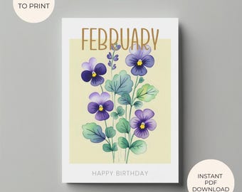 Carte d'anniversaire imprimable, carte de fleurs de naissance de février, né en février, né en février, violet, carte de voeux imprimable, téléchargement immédiat, bricolage