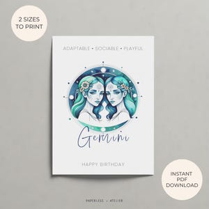 Tarjeta de cumpleaños imprimible, tarjeta boho, zodiaco Géminis, tarjeta Géminis, tarjeta del zodíaco, cumpleaños, tarjeta de felicitación imprimible, descarga instantánea, bricolaje